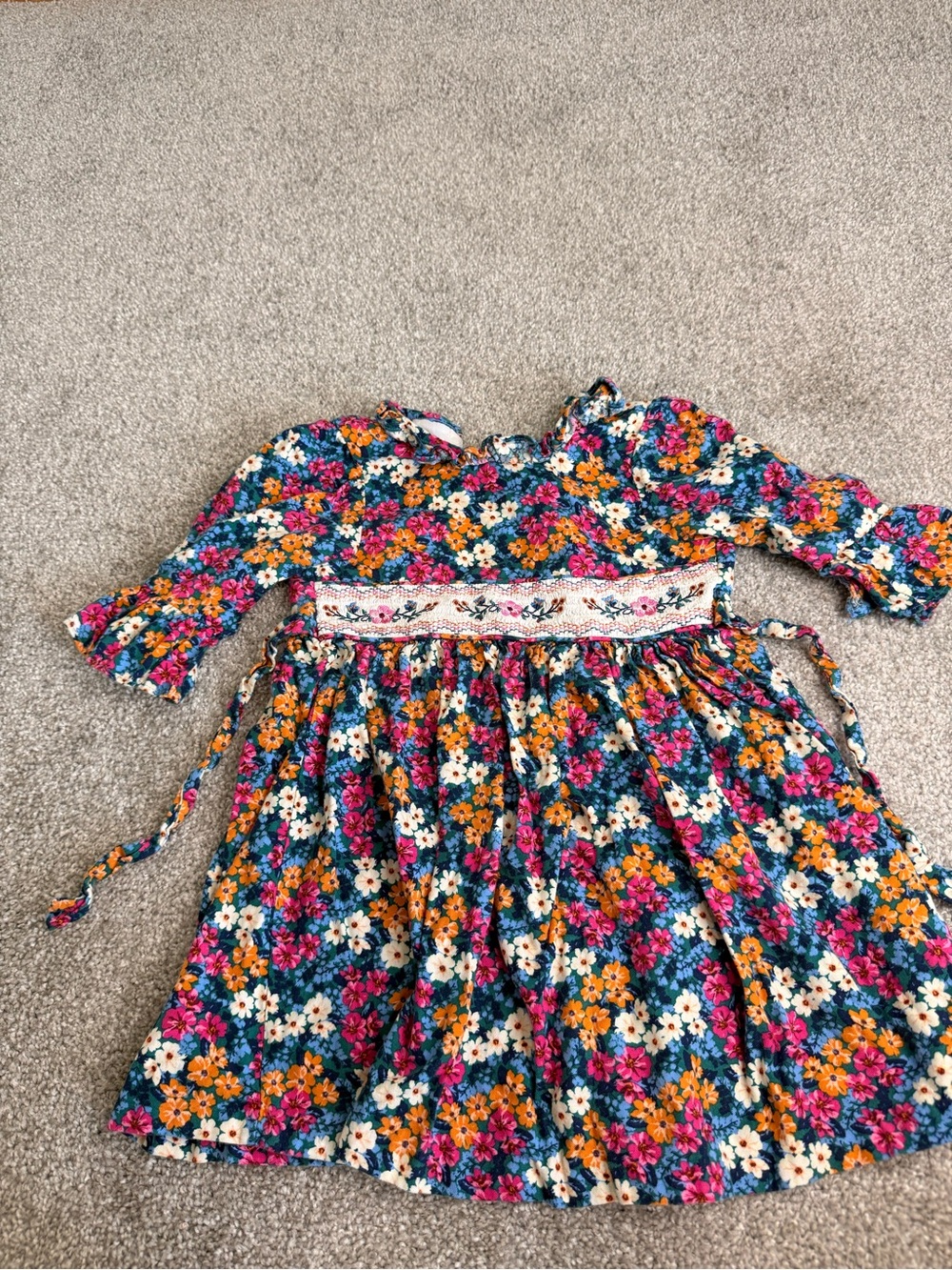 Girls Floral Smocked Waist Dress - Teal Multicolor